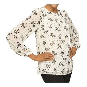 Talbots Bow Print Blouse Women Medium Ivory Black Shimmer Tie Back Long Sleeve